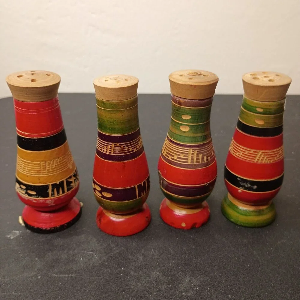 2 Sets VTG Hand-Painted Mexico Wooden Salt & Pepper Shakers Colorful 1958